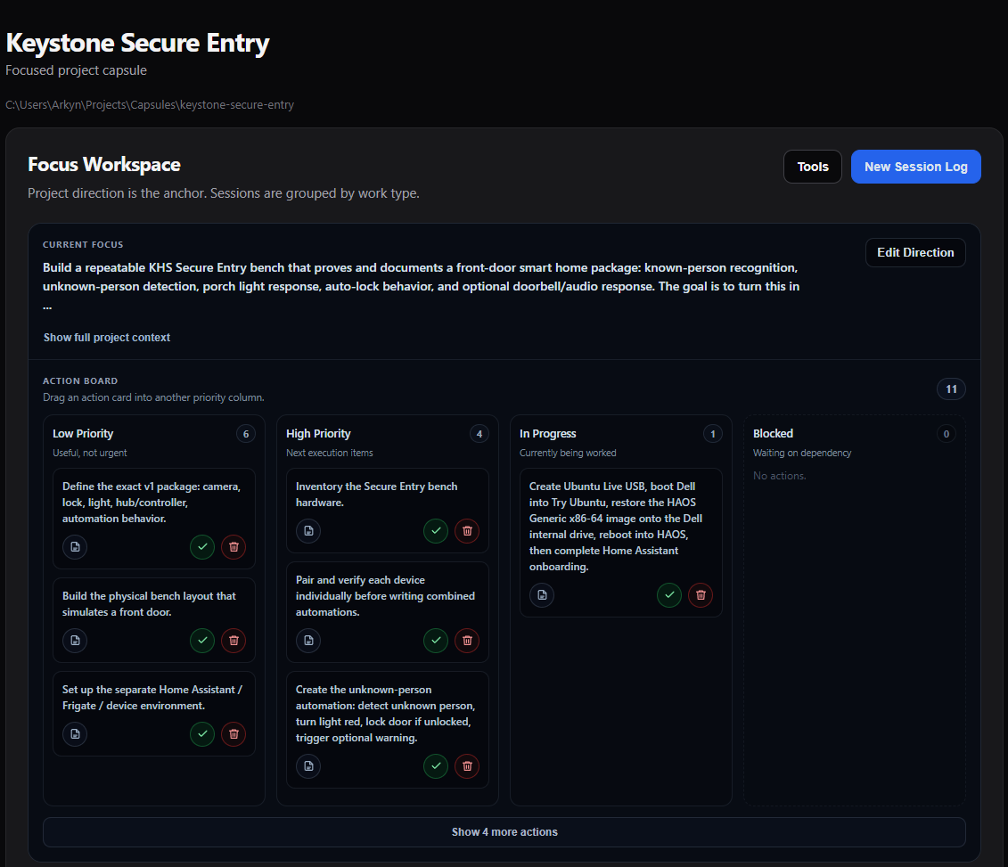 Project Capsule V2 action workspace screen