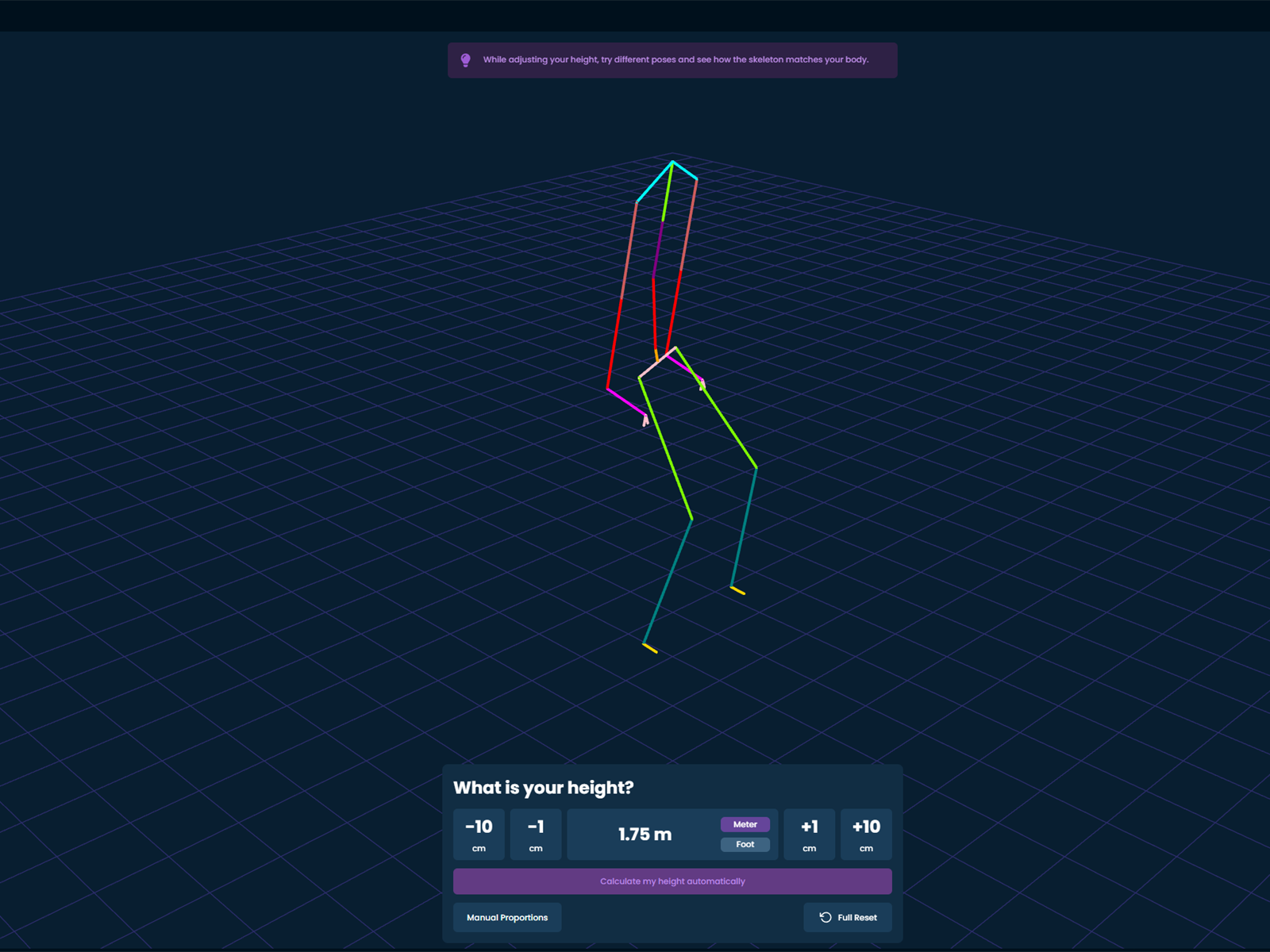 SlimeVR body proportions calibration screen with a skeletal body model