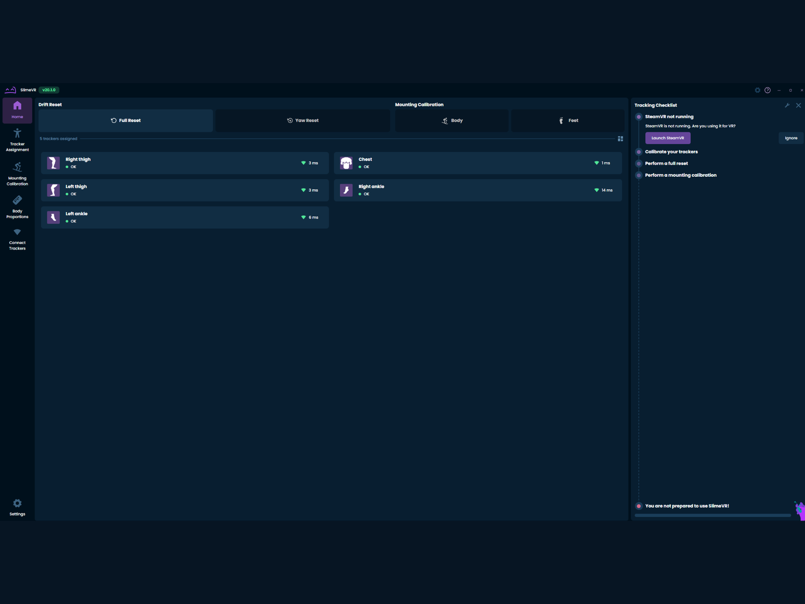 SlimeVR tracker assignment screen showing five connected trackers